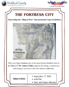 Flyer for the September 2026 Stoddard County Historical Society monthly meeting featuring a presentation on Cape Girardeau's Civil War fortifications titled 'The Fortress City'