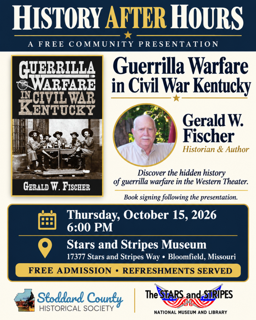 Flyer for the October 2026 Stoddard County Historical Society meeting featuring author Gerald Fischer and his book, Guerrilla Warfare in Civil War Kentucky.